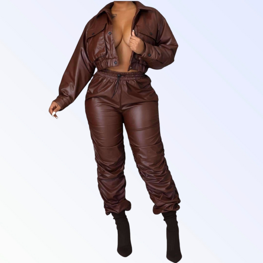 Brown Women's Faux Leather 2-Piece Set